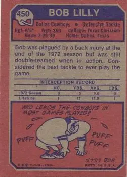 1973 Topps #450 - Bob Lilly - Dallas Cowboys - Back