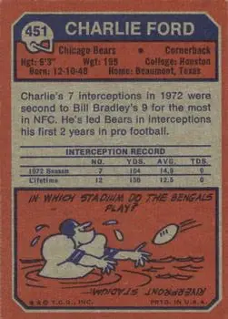 1973 Topps #451 - Charlie Ford - Chicago Bears