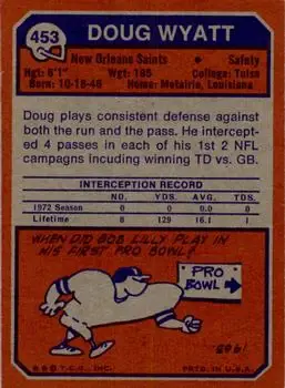 1973 Topps #453 - Doug Wyatt - New Orleans Saints - Back