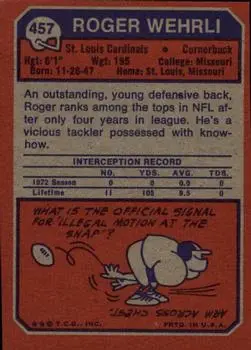 1973 Topps #457 - Roger Wehrli - St. Louis Cardinals - Back