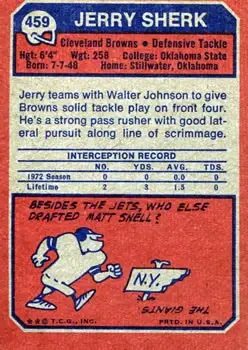1973 Topps #459 - Jerry Sherk - Cleveland Browns - Back