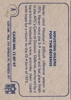 1977 Fleer Team Action #12 - Card #12 - Houston Oilers - Back