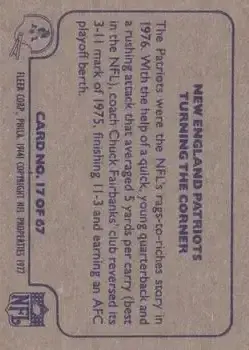 1977 Fleer Team Action #17 - Card #17 - New England Patriots - Back 1977 Fleer Team Action #17 - Card #17 - New England Patriots - Back