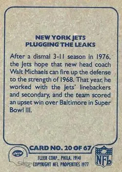 1977 Fleer Team Action #20 - Card #20 - New York Jets - Back