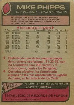 1977 Topps Mexican #7 - Mike Phipps - Cleveland Browns - Back 1977 Topps Mexican #7 - Mike Phipps - Cleveland Browns - Back