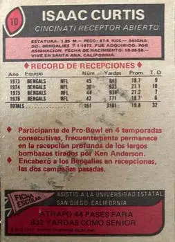 1977 Topps Mexican #10 - Isaac Curtis - Cincinnati Bengals - Back
