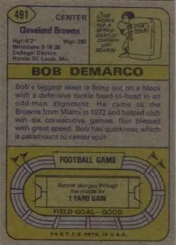1974 Topps #491 - Bob DeMarco - Cleveland Browns - Back