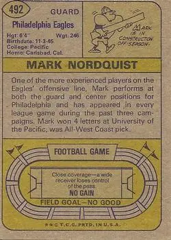 1974 Topps #492 - Mark Nordquist - Philadelphia Eagles - Back