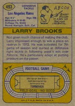 1974 Topps #493 - Larry Brooks - Los Angeles Rams - Back