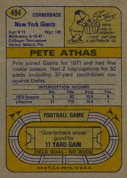 1974 Topps #494 - Pete Athas - New York Giants - Back