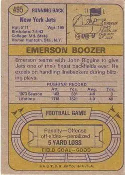 1974 Topps #495 - Emerson Boozer - New York Jets - Back 1974 Topps #495 - Emerson Boozer - New York Jets - Back
