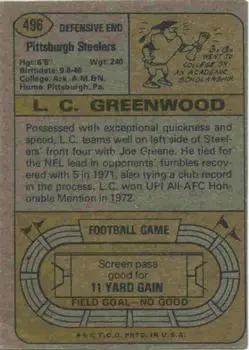 1974 Topps #496 - L.C. Greenwood - Pittsburgh Steelers - Back