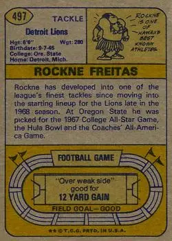 1974 Topps #497 - Rockne Freitas - Detroit Lions - Back