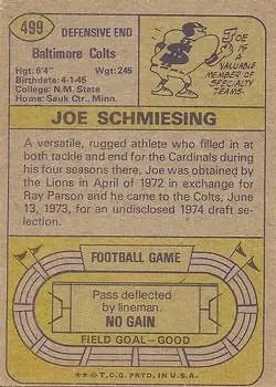 1974 Topps #499 - Joe Schmiesing - Baltimore Colts - Back