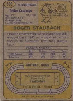 1974 Topps #500 - Roger Staubach - Dallas Cowboys - Back