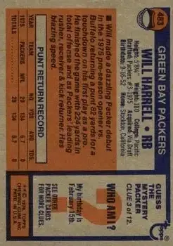 1976 Topps #483 - Will Harrell - Green Bay Packers - Back
