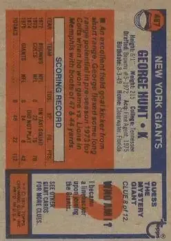 1976 Topps #487 - George Hunt - New York Giants - Back