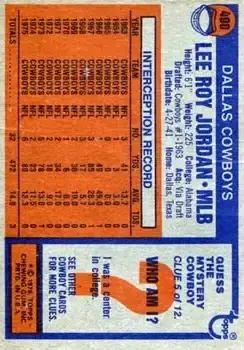 1976 Topps #490 - Lee Roy Jordan - Dallas Cowboys - Back