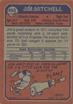 1973 Topps #463 - Jim Mitchell - Atlanta Falcons - Back