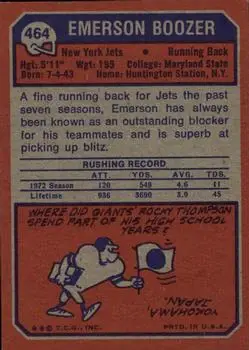1973 Topps #464 - Emerson Boozer - New York Jets - Back