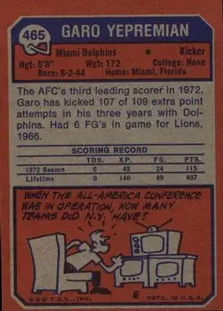 1973 Topps #465 - Garo Yepremian - Miami Dolphins
