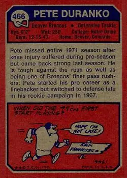 1973 Topps #466 - Pete Duranko - Denver Broncos - Back