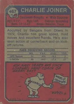 1973 Topps #467 - Charlie Joiner - Cincinnati Bengals - Back