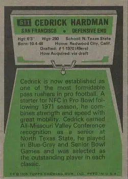 1975 Topps #511 - Cedrick Hardman - San Francisco 49ers - Back
