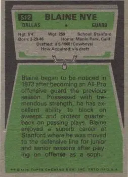 1975 Topps #512 - Blaine Nye - Dallas Cowboys - Back 1975 Topps #512 - Blaine Nye - Dallas Cowboys - Back