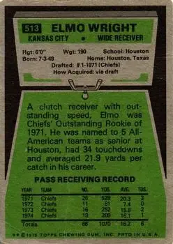 1975 Topps #513 - Elmo Wright - Kansas City Chiefs - Back 1975 Topps #513 - Elmo Wright - Kansas City Chiefs - Back