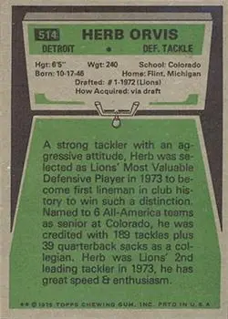 1975 Topps #514 - Herb Orvis - Detroit Lions - Back