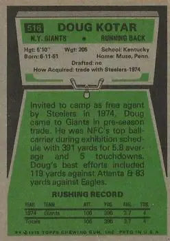 1975 Topps #516 - Doug Kotar - New York Giants - Back