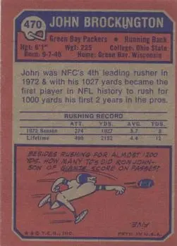 1973 Topps #470 - John Brockington - Green Bay Packers - Back