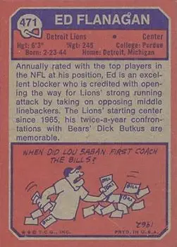 1973 Topps #471 - Ed Flanagan - Detroit Lions - Back