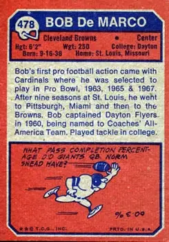1973 Topps #478 - Bob DeMarco - Cleveland Browns