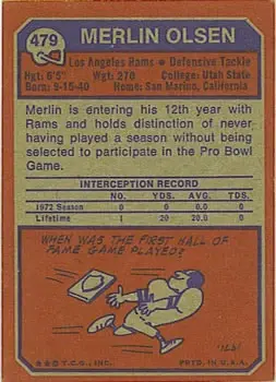 1973 Topps #479 - Merlin Olsen - Los Angeles Rams - Back