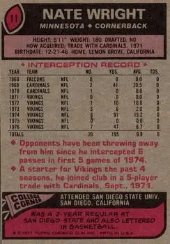 1977 Topps #11 - Nate Wright - Minnesota Vikings 1977 Topps #11 - Nate Wright - Minnesota Vikings