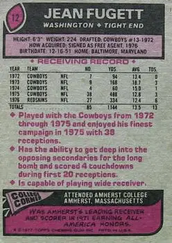 1977 Topps #12 - Jean Fugett - Washington Redskins - Back