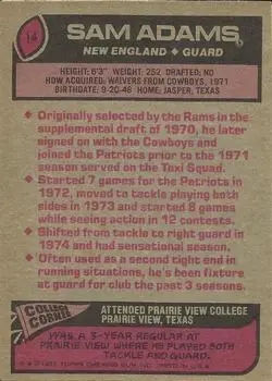 1977 Topps #14 - Sam Adams - New England Patriots - Back 1977 Topps #14 - Sam Adams - New England Patriots - Back