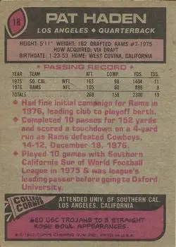 1977 Topps #18 - Pat Haden - Los Angeles Rams - Back