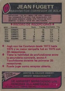 1977 Topps Mexican #12 - Jean Fugett - Washington Redskins - Back