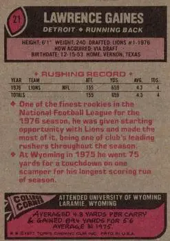 1977 Topps #21 - Lawrence Gaines - Detroit Lions - Back 1977 Topps #21 - Lawrence Gaines - Detroit Lions - Back