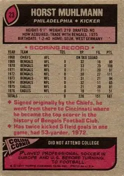 1977 Topps #23 - Horst Muhlmann - Philadelphia Eagles - Back