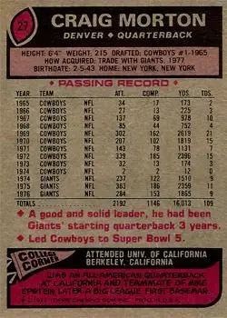 1977 Topps #27 - Craig Morton - Denver Broncos - Back