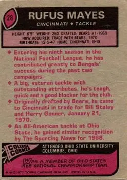 1977 Topps #28 - Rufus Mayes - Cincinnati Bengals - Back