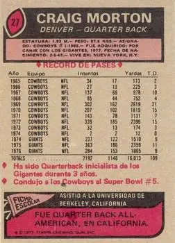 1977 Topps Mexican #27 - Craig Morton - Denver Broncos - Back