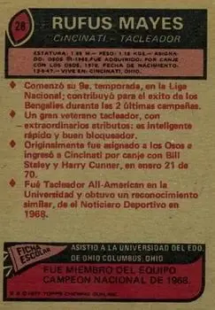 1977 Topps Mexican #28 - Rufus Mayes - Cincinnati Bengals - Back