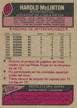 1977 Topps Mexican #31 - Harold McLinton - Washington Redskins - Back