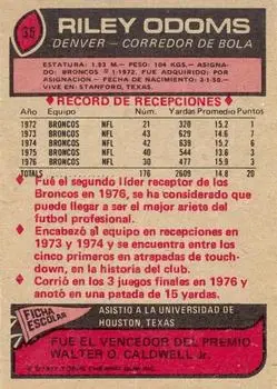 1977 Topps Mexican #35 - Riley Odoms - Denver Broncos - Back 1977 Topps Mexican #35 - Riley Odoms - Denver Broncos - Back