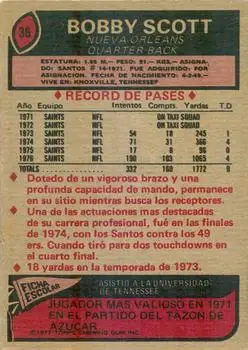 1977 Topps Mexican #36 - Bobby Scott - New Orleans Saints - Back 1977 Topps Mexican #36 - Bobby Scott - New Orleans Saints - Back